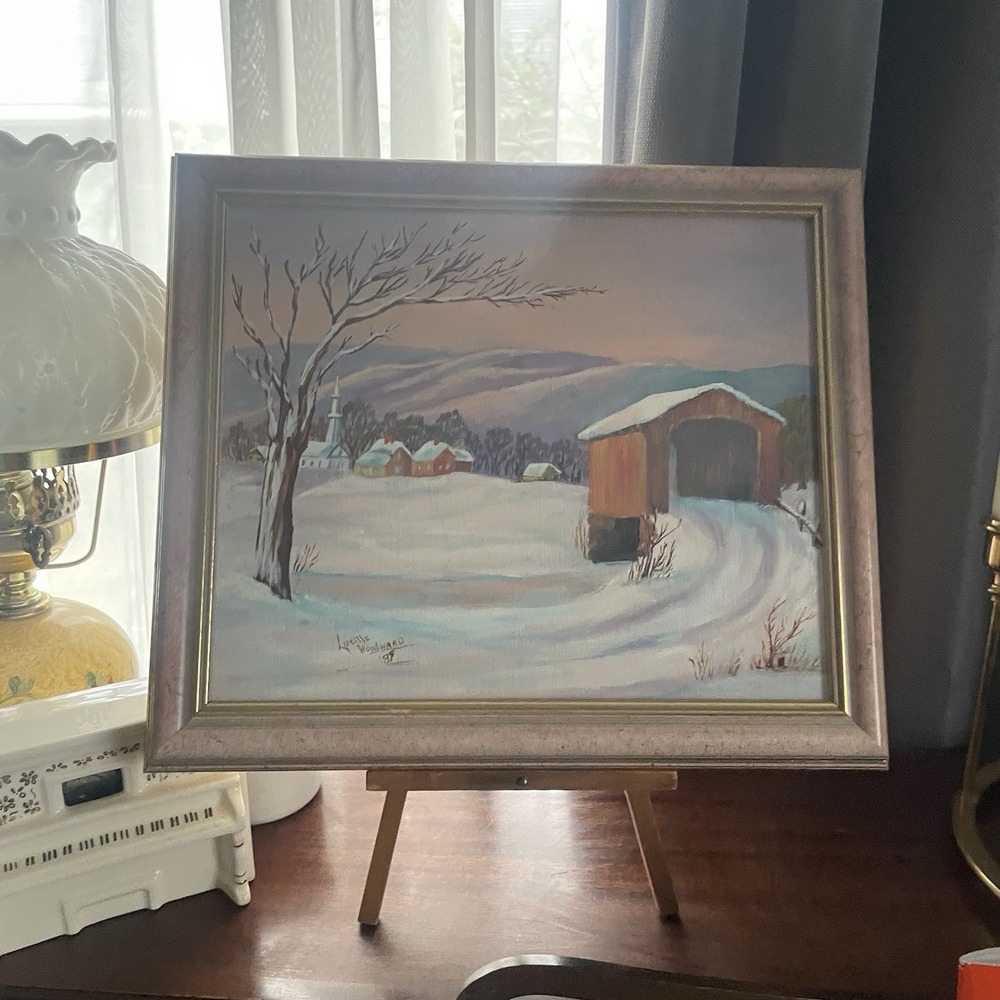 Vintage Winter Scene Red Barn Oil Painting Canvas Signed Lucille Woodward 14x12"